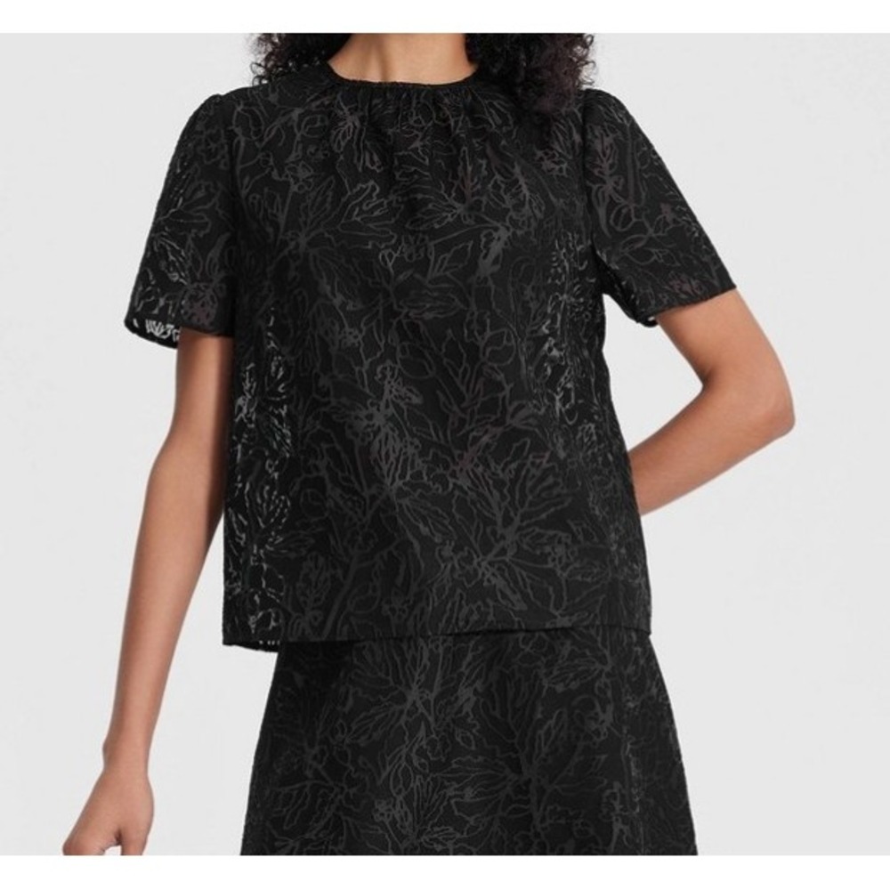 Women's Short Sleeve Semi-Sheer Jacquard Blouse - A New Day Black S